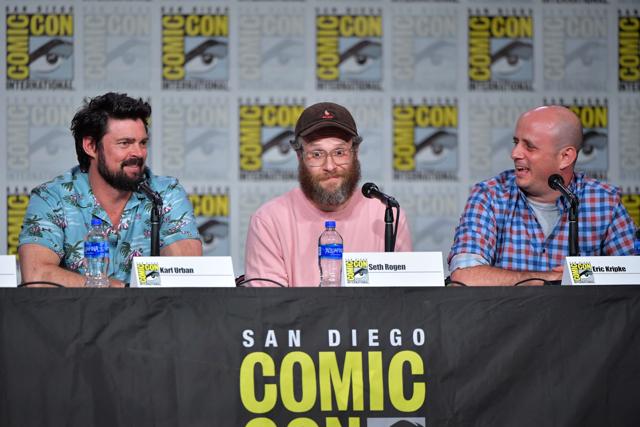 Karl Urban, Seth Rogen, and Eric Kripke speak at The Boys Panel during 2019 Comic-Con International. (AFP)