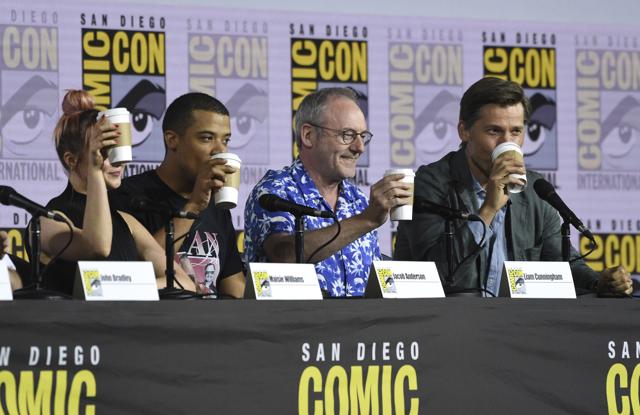 Maisie Williams, from left, Jacob Anderson, Liam Cunningham and Nikolaj Coster-Waldau appear at the Game of Thrones panel on day two of Comic-Con International on Friday. (Chris Pizzello/Invision/AP)