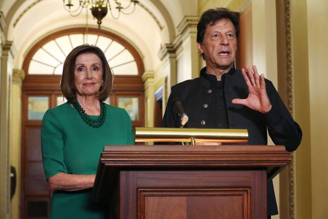 House Speaker Nancy Pelosi and Pakistan Prime Minister Imran Khan make brief statements to reporters before a meeting at the US Capitol. (AFP) House Speaker Nancy Pelosi and Pakistan Prime Minister Imran Khan make brief statements to reporters before a meeting at the US Capitol. (AFP)