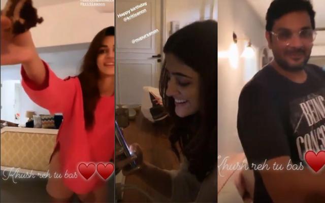 Kriti Sanon offers a piece of the cake as sister Nupur Sanon and casting director Mukesh Chhabra record the cake-cutting ceremony. (Instagram) Kriti Sanon offers a piece of the cake as sister Nupur Sanon and casting director Mukesh Chhabra record the cake-cutting ceremony. (Instagram)