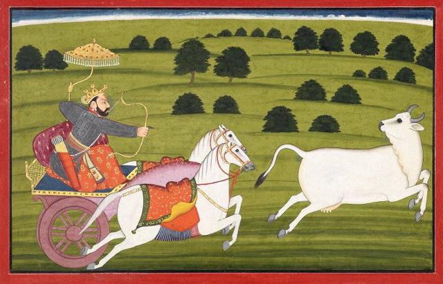 An illustration of an episode from the Bhagavata (IV.17), in which Vishnu avatar Prithu chases the earth goddess Prithvi in the form of a cow, to end a famine in his kingdom. (wikipedia.org) An illustration of an episode from the Bhagavata (IV.17), in which Vishnu avatar Prithu chases the earth goddess Prithvi in the form of a cow, to end a famine in his kingdom. (wikipedia.org)