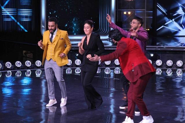 Kareena Kapoor shakes a leg with judges Raftar and Bosco and show host Karan.