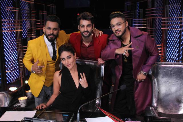 Judges Kareena Kapoor, Raftar and Bosco pose with host Karan.