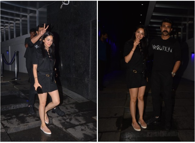 Kiara Advani and Ram Charan Teja at a restaurant.
