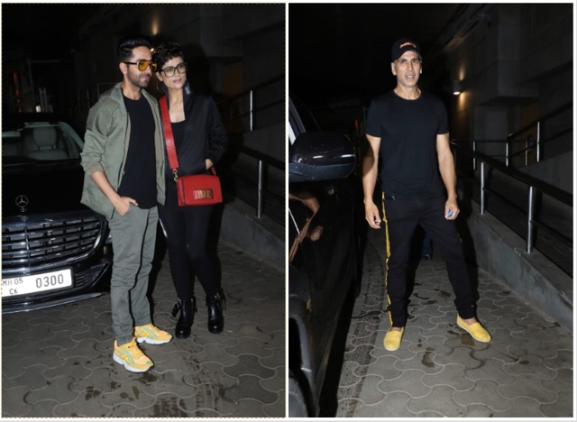Ayushmann Khurrana with Tahira Kashyap, and Akshay Kumar at a screening.