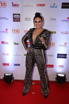 Huma Qureshi rocks a shine-on jumpsuit with safety pin accents. (Yogen Shah)