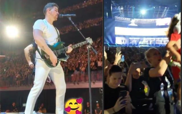 Nick Jonas on stage and Sophie Turner helping out a kid. (Instagram) Nick Jonas on stage and Sophie Turner helping out a kid. (Instagram)