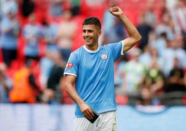 Rodri celebrates after helping Manchester City win the Community Shield. (REUTERS) Rodri celebrates after helping Manchester City win the Community Shield. (REUTERS)