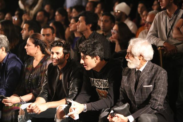 Kartik Aaryan and Ibrahim Ali Khan cheer for Sara Ali Khan as she walks the ramp showcasing fashion designer Falguni Peacock's creations at the India Couture Week 2019 in New Delhi, on July 26. (IANS) Kartik Aaryan and Ibrahim Ali Khan cheer for Sara Ali Khan as she walks the ramp showcasing fashion designer Falguni Peacock's creations at the India Couture Week 2019 in New Delhi, on July 26. (IANS)