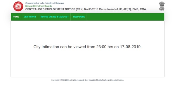 RRB City intimation update (RRB)