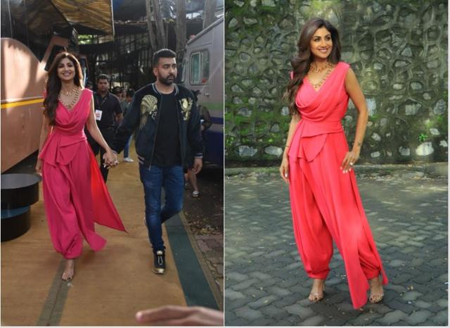 Shilpa Shetty with Raj Kundra at a show’s sets.