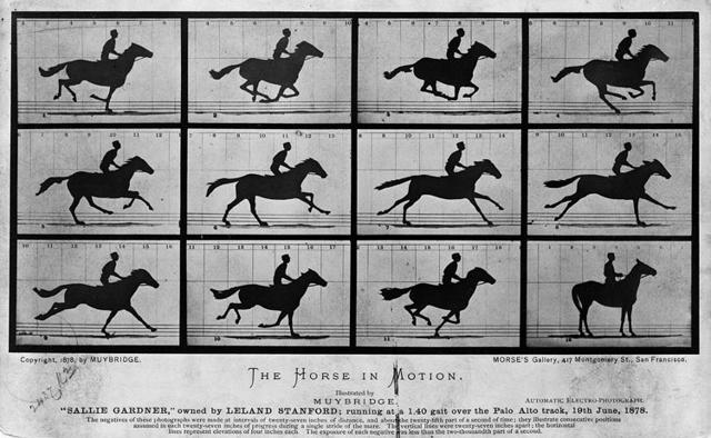 The first ever movement photo, The Horse In Motion, was produced by English photographer Eadweard Muybridge in 1878. (Wikipedia) The first ever movement photo, The Horse In Motion, was produced by English photographer Eadweard Muybridge in 1878. (Wikipedia)