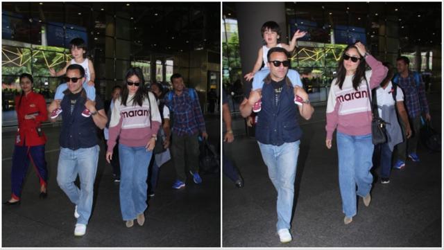 Taimur waves to the paparazzi at the airport.