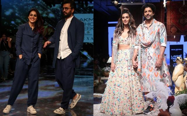 Riteish Deshmukh and wife Genelia D’Souza and Farhan Akhtar and girlfriend Shibani Dandekar walk the ramp at Lakme Fashion Week on Thursday. (IANS) Riteish Deshmukh and wife Genelia D’Souza and Farhan Akhtar and girlfriend Shibani Dandekar walk the ramp at Lakme Fashion Week on Thursday. (IANS)