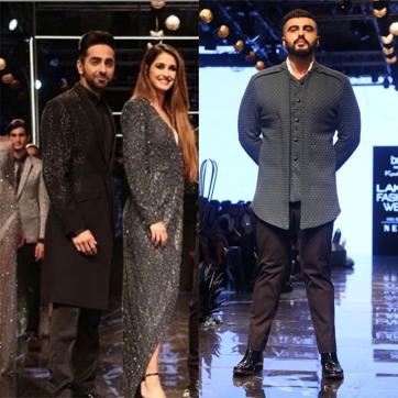 Disha, Ayushmann and Arjun walk the ramp on Saturday. Disha, Ayushmann and Arjun walk the ramp on Saturday.