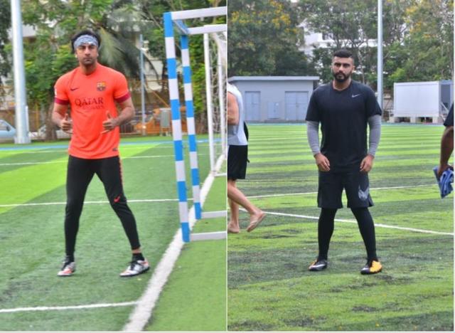 Ranbir Kapoor and Arjun Kapoor play football in Mumbai.