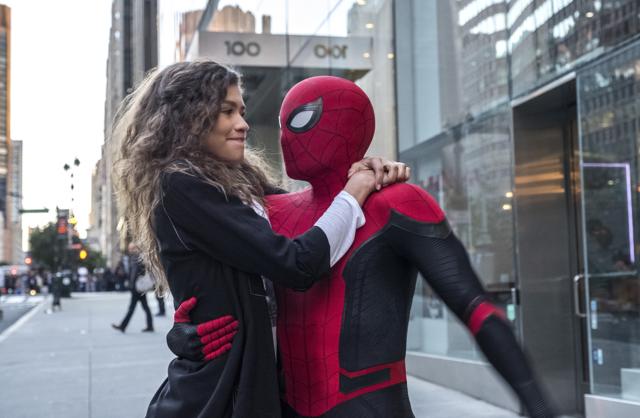 This image released by Sony Pictures shows Zendaya, left, and Tom Holland in a scene from "Spider-Man: Far From Home." (Jay Maidment/Columbia Pictures/Sony via AP) (AP) This image released by Sony Pictures shows Zendaya, left, and Tom Holland in a scene from "Spider-Man: Far From Home." (Jay Maidment/Columbia Pictures/Sony via AP) (AP)