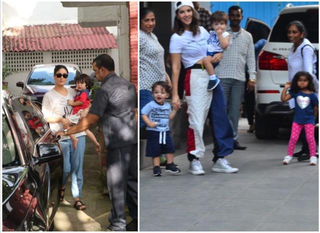 Kareena Kapoor with son Taimur and Sunny Leone with her kids Nisha, Noah and Asher.