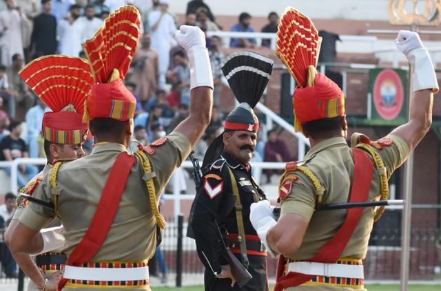 Beating the Retreat is a daily drill performed by the Border Security Force (BSF) and the Pakistan Rangers . (Sameer Sehgal / HT Photo ) Beating the Retreat is a daily drill performed by the Border Security Force (BSF) and the Pakistan Rangers . (Sameer Sehgal / HT Photo )