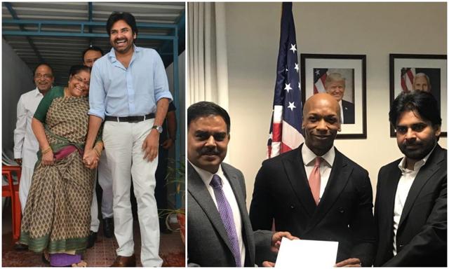 (Left) Pawan Kalyan with his mother and during his US trip trip last year. (Facebook) (Left) Pawan Kalyan with his mother and during his US trip trip last year. (Facebook)