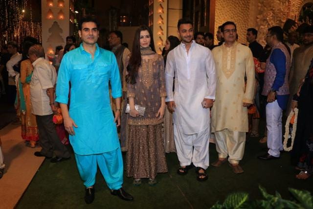 Arbaaz Khan, girlfriend Georgia Andriani, Aayush Sharma and Atul Agnihotri at Mukesh Ambani’s Ganesh Chaturthi celebrations. (Varinder Chawla) Arbaaz Khan, girlfriend Georgia Andriani, Aayush Sharma and Atul Agnihotri at Mukesh Ambani’s Ganesh Chaturthi celebrations. (Varinder Chawla)