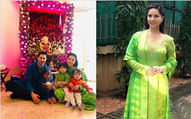 Sunny Leone with husband Daniel Weber and kids on Ganesh Chaturthi. (Varinder Chawla)