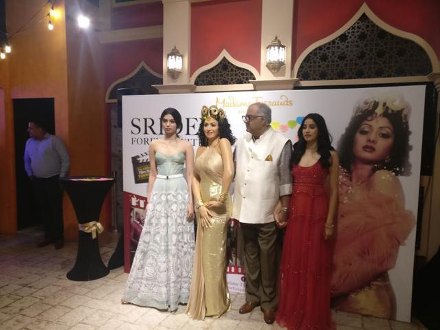 Janhvi Kapoor, Khushi and Boney Kapoor pose with Sridevi’s wax model. Janhvi Kapoor, Khushi and Boney Kapoor pose with Sridevi’s wax model.