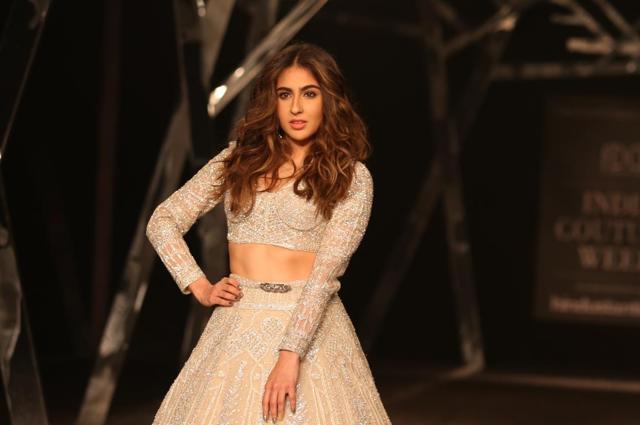 Sara Ali Khan walks the ramp for designer Falguni Shane Peacock at India Couture Week 2019 in New Delhi, on July 26, 2019. (IANS) Sara Ali Khan walks the ramp for designer Falguni Shane Peacock at India Couture Week 2019 in New Delhi, on July 26, 2019. (IANS)
