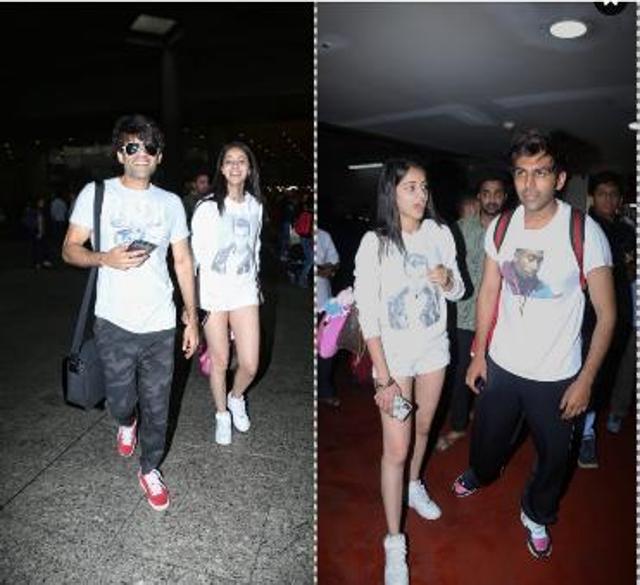 Ananya Panday and Kartik Aaryan spotted at the airport. (Varinder Chawla) Ananya Panday and Kartik Aaryan spotted at the airport. (Varinder Chawla)