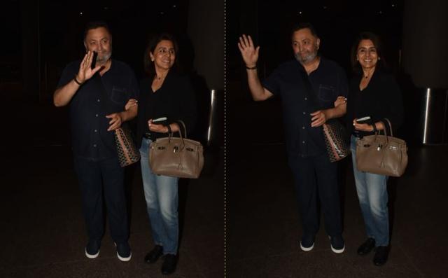 Rishi Kapoor and Neetu Singh wave to paparazzi at Mumbai airport. (Varinder Chawla)