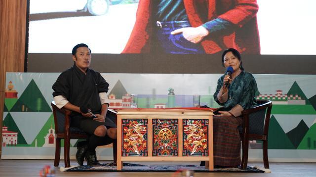 Bhutan’s first fashion blogger Karma Lhari Wangchuk(l) in conversation with Ugen Choden. (Mountain Echoes)