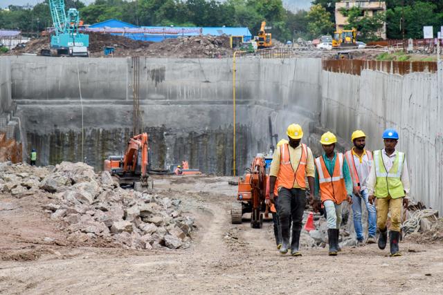Metro depot work underway at Range Hills on Monday. (Sanket Wankhade/HT PHOTO)