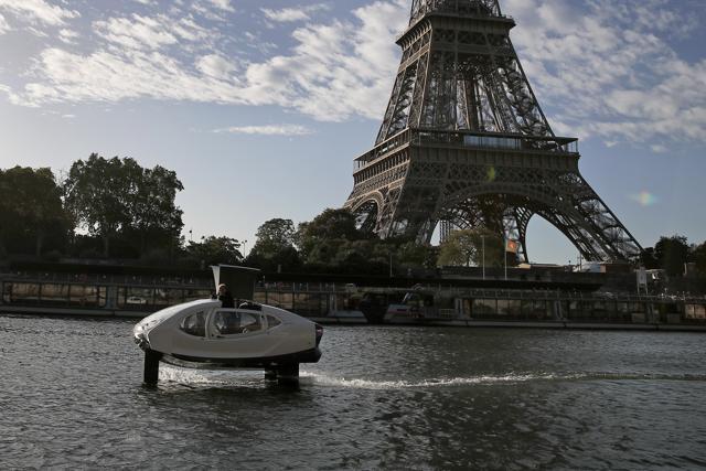 SeaBubbles co-founder Sweden's Anders Bringdal stands onboard. (AP) SeaBubbles co-founder Sweden's Anders Bringdal stands onboard. (AP)
