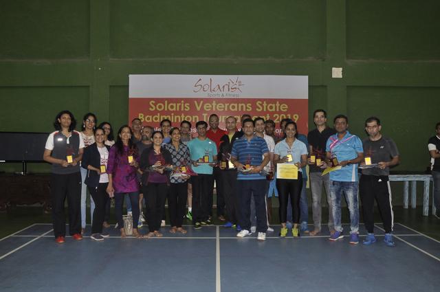 Winners of the Solaris Cup Veterans State Badminton tournament at Mayur Colony courts on Wednesday. (HT PHOTO)