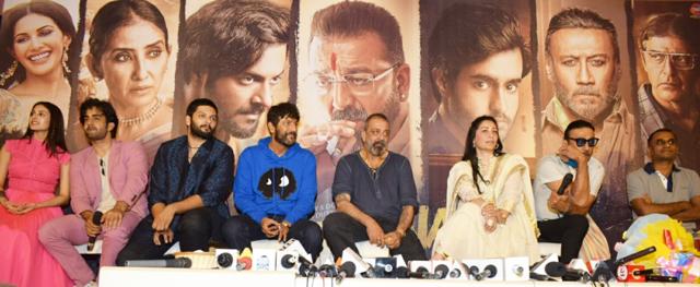 Amyra Dastur, Satyajeet Dubey, Ali Fazal, Chunky Pandey, Sanjay Dutt, his wife and producer Maanayata Dutt, actor Jackie Shroff and director Deva Katta at the trailer launch of their upcoming film Prassthanam. (IANS) Amyra Dastur, Satyajeet Dubey, Ali Fazal, Chunky Pandey, Sanjay Dutt, his wife and producer Maanayata Dutt, actor Jackie Shroff and director Deva Katta at the trailer launch of their upcoming film Prassthanam. (IANS)