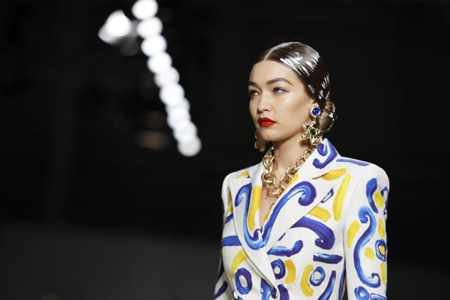 Model Gigi Hadid wears a creation as part of the Moschino Spring-Summer 2020 collection, unveiled during the fashion week, in Milan, Italy, Thursday, Sept. 19, 2019. (AP Photo/Luca Bruno) (AP) Model Gigi Hadid wears a creation as part of the Moschino Spring-Summer 2020 collection, unveiled during the fashion week, in Milan, Italy, Thursday, Sept. 19, 2019. (AP Photo/Luca Bruno) (AP)