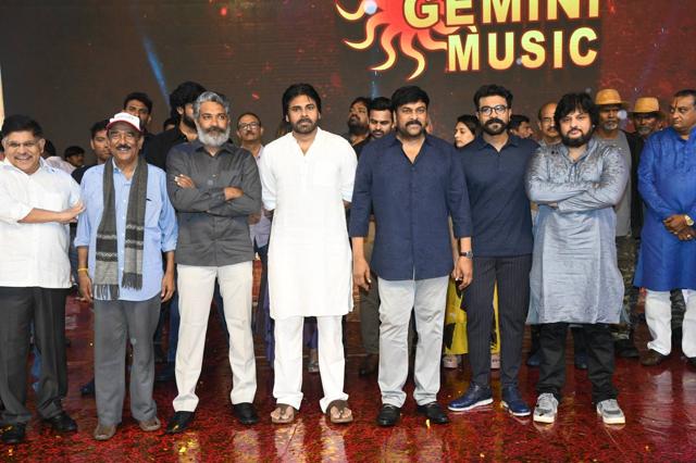 SS Rajamouli, Pawan Kalyan, Chiranjeevi and Ram Charan at the event. SS Rajamouli, Pawan Kalyan, Chiranjeevi and Ram Charan at the event.