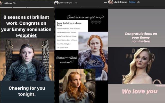 Nick Jonas, Priyanka Chopra and Danielle Jonas cheer for Sophie Turner on Instagram.