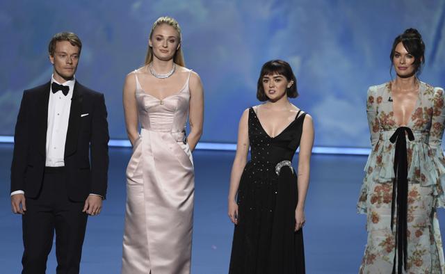 Alfie Allen, from left, Sophie Turner, Maisie Williams and Lena Headey, of Game of Thrones, appear on stage at Emmy Awards. (Chris Pizzello/Invision/AP) Alfie Allen, from left, Sophie Turner, Maisie Williams and Lena Headey, of Game of Thrones, appear on stage at Emmy Awards. (Chris Pizzello/Invision/AP)