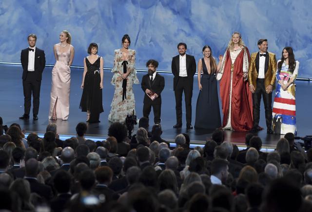 Game of Thrones cast appear on stage to present the award for outstanding supporting actress in a limited series or movie. (Chris Pizzello/Invision/AP) Game of Thrones cast appear on stage to present the award for outstanding supporting actress in a limited series or movie. (Chris Pizzello/Invision/AP)