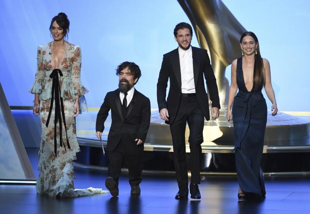 Game of Thrones’ Lena Headey, Peter Dinklage, Kit Harington and Emilia Clarke at the 71st Primetime Emmy Awards on Sunday. (Chris Pizzello/Invision/AP) Game of Thrones’ Lena Headey, Peter Dinklage, Kit Harington and Emilia Clarke at the 71st Primetime Emmy Awards on Sunday. (Chris Pizzello/Invision/AP)