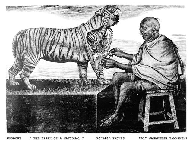 A work of Visakhapatnam-based printmaker Jagadeesh Tammineni, who has explored ‘nation-building’ through a woodcut series. A work of Visakhapatnam-based printmaker Jagadeesh Tammineni, who has explored ‘nation-building’ through a woodcut series.