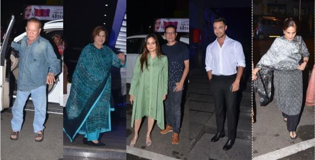 Salim Khan, Helen, Alvira Khan, Atul Agnihotri, Ayush Sharma and Salma Khan during their dinner outing. (Varinder Chawla)