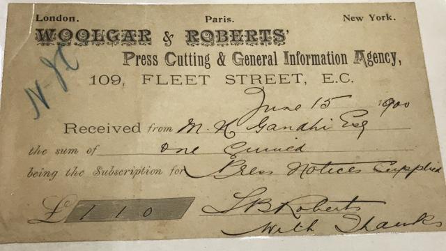 Receipt from Woolgar & Roberts' London for 1.10 pounds issued to Mahatma Gandhi for his subscription of press clippings (possibly for a year). Dated June 15, 1900. Photo by Paroma Mukherjee / HT. Receipt from Woolgar & Roberts' London for 1.10 pounds issued to Mahatma Gandhi for his subscription of press clippings (possibly for a year). Dated June 15, 1900. Photo by Paroma Mukherjee / HT.