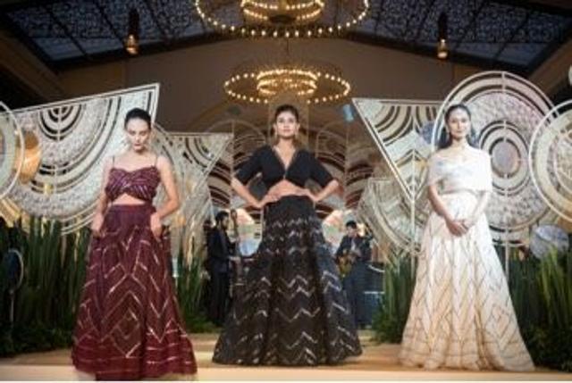 Jade’s collection at Wedding Diaries 2019, Kolkata, featured a (far left) white wedding ensemble Jade’s collection at Wedding Diaries 2019, Kolkata, featured a (far left) white wedding ensemble