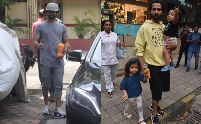 Shahid Kapoor at the gym (left) and with kids Misha and Zain at a food joint.