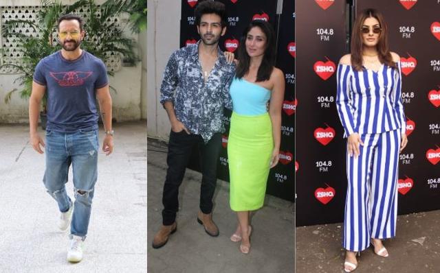 Saif Ali Khan during Laal Kaptaan promotions, Kareena Kapoor with Kartik Aaryan and Raveena Tandon at Mehboob Studio. (Varinder Chawla)