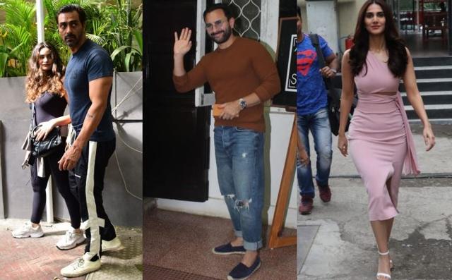 Arjun Rampal and girlfriend Gabriella Demetriades, Saif Ali Khan and Vaani Kapoor seen in Mumbai on Thursday. (Varinder Chawla)