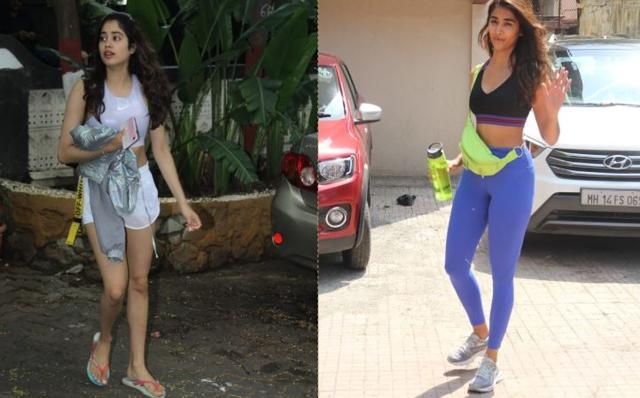 Janhvi Kapoor and Pooja Hegde during their Pilates class. (Varinder Chawla)