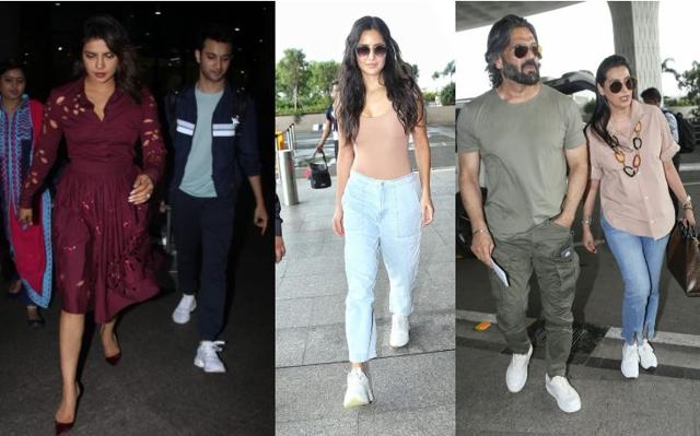 Priyanka Chopra, Rohit Saraf, Katrina Kaif, Suniel Shetty and Mana Shetty at Mumbai airport. (Varinder Chawla)